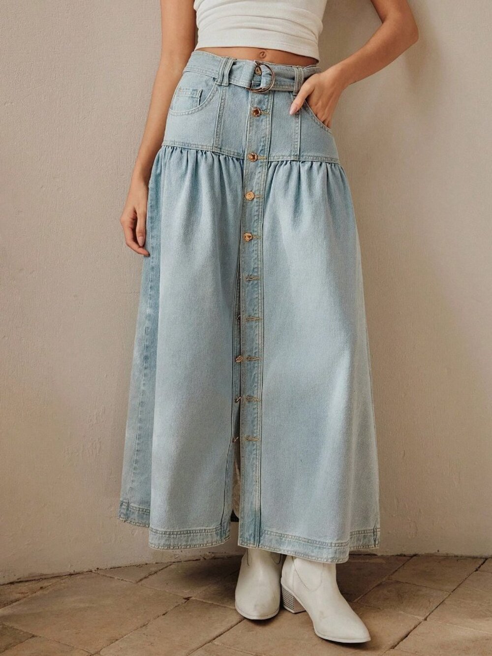 Light Wash Casual Women's Elegant Button Up Denim Waist Maxi Skirt With Belt - Picture 6 of 6